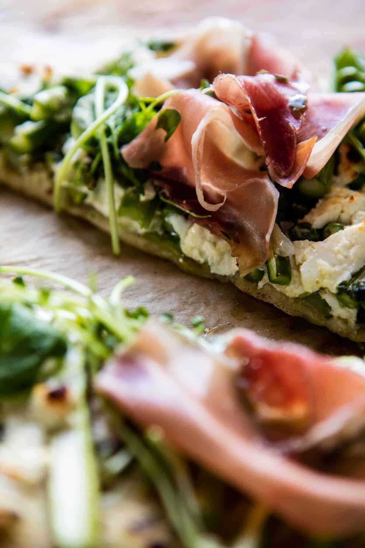 Super Green Pea and Asparagus Burrata Pizza | halfbakedharvest.com @hbharvest