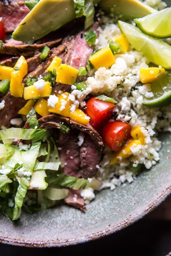 Cauliflower Rice Carne Asada Bowls with Mango Salsa | halfbakedharvest.com @hbharvest