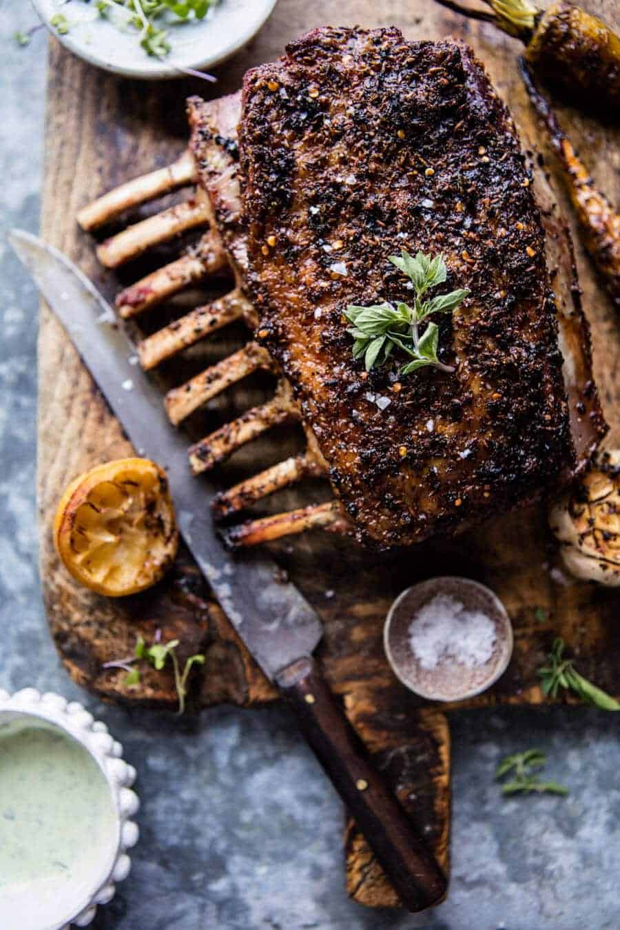 Roasted Rack of Lamb with Basil Goat Cheese Sauce | halfbakedharvest.com @hbharvest