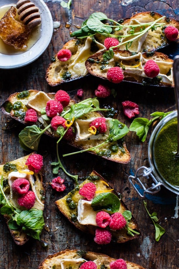 Honey Raspberry Brie Crostini with Basil Oil | halfbakedharvest.com @hbharvest