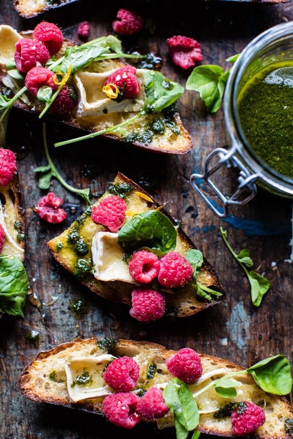 Honey Raspberry Brie Crostini with Basil Oil | halfbakedharvest.com @hbharvest