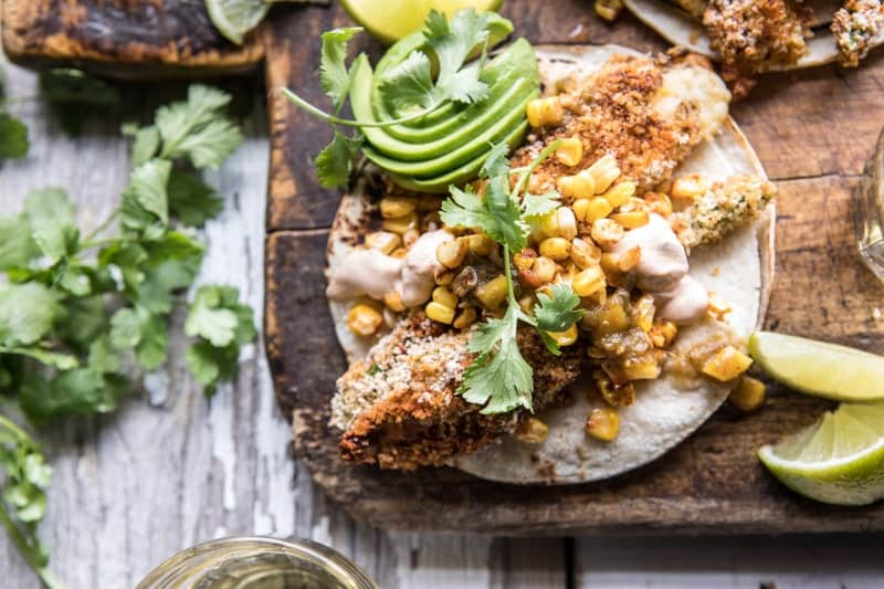 Cheesy Zucchini Roasted Corn Tacos With Mango Salsa Verde | halfbakedharvest.com @hbharvest