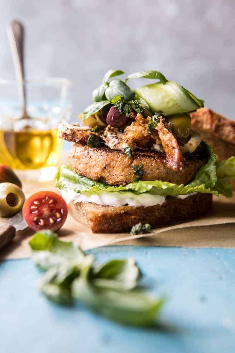 Greek Roasted Cauliflower Burgers with Pan Fried Feta and Tomato Olive Salsa | halfbakedharvest.com @hbharvest