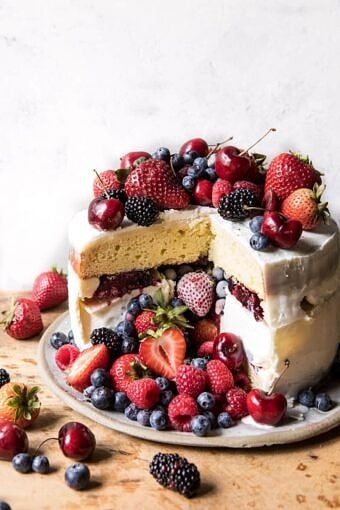 Triple Layer Roasted Berry Piñata Ice Cream Cake | halfbakedharvest.com @hbharvest