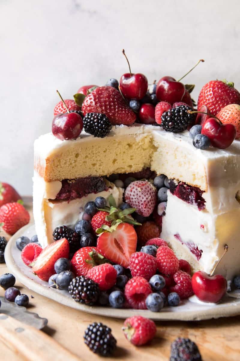 Triple Layer Roasted Berry Piñata Ice Cream Cake | halfbakedharvest.com @hbharvest