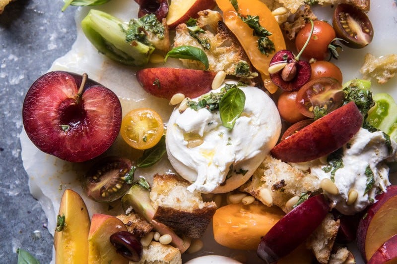 Tuscan Summer Stone Fruit, Tomato, and Burrata Panzanella Salad | halfbakedharvest.com @hbharvest