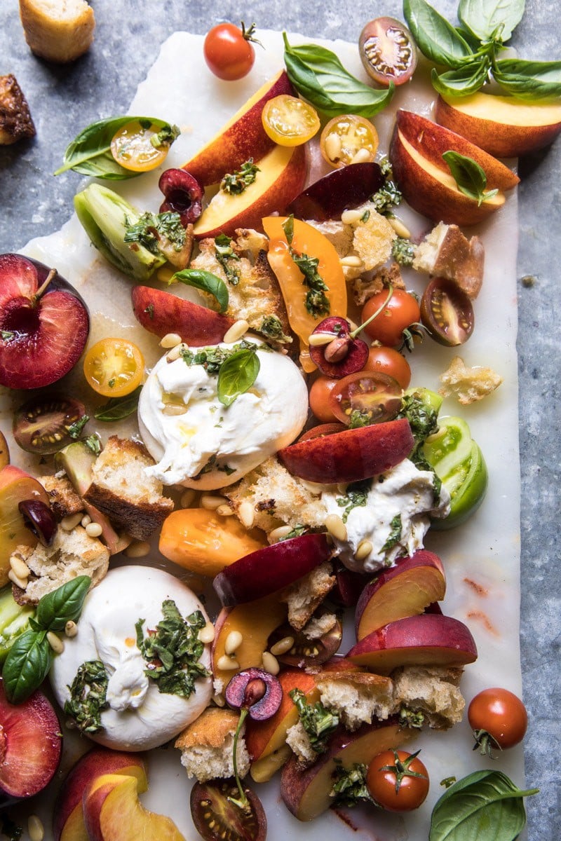 Tuscan Summer Stone Fruit, Tomato, and Burrata Panzanella Salad | halfbakedharvest.com @hbharvest