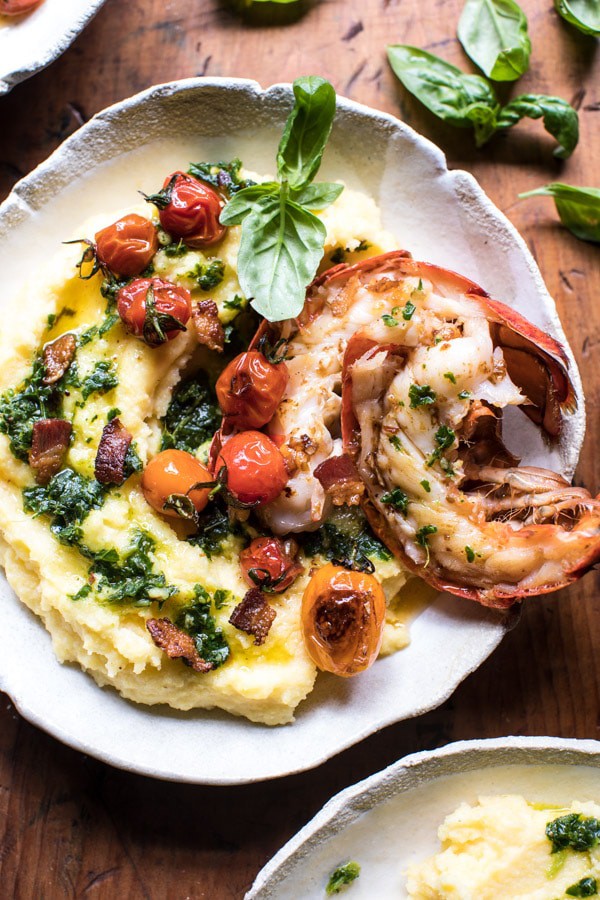 Brown Butter Lobster with Kale Pesto Polenta and Cherry Tomato Bacon Pan Sauce | halfbakedharvest.com @hbharvest