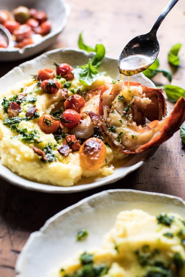 Brown Butter Lobster with Kale Pesto Polenta and Cherry Tomato Bacon Pan Sauce | halfbakedharvest.com @hbharvest