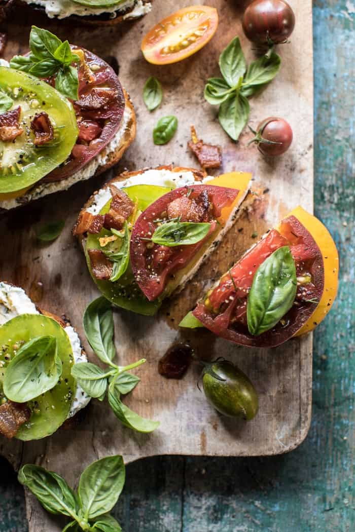 Opened Faced Tomato and Goat Cheese Sandwich with Hot Bacon Vinaigrette | halfbakedharvest.com @hbharvest