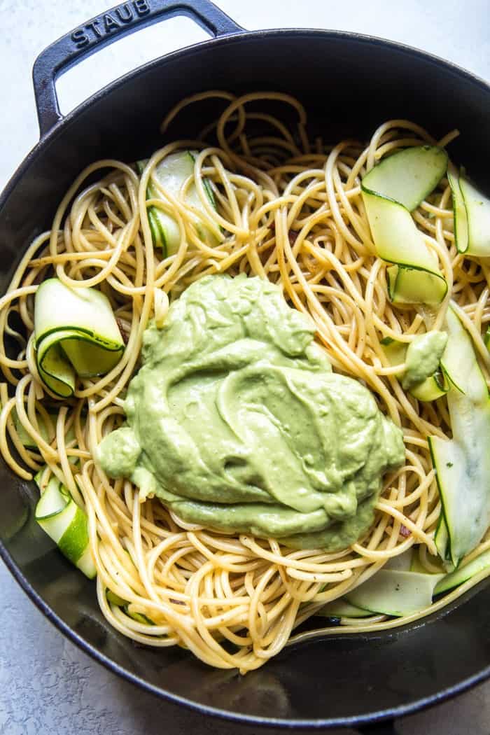 Avocado Zucchini Carbonara Pasta | halfbakedharvest.com @hbharvest
