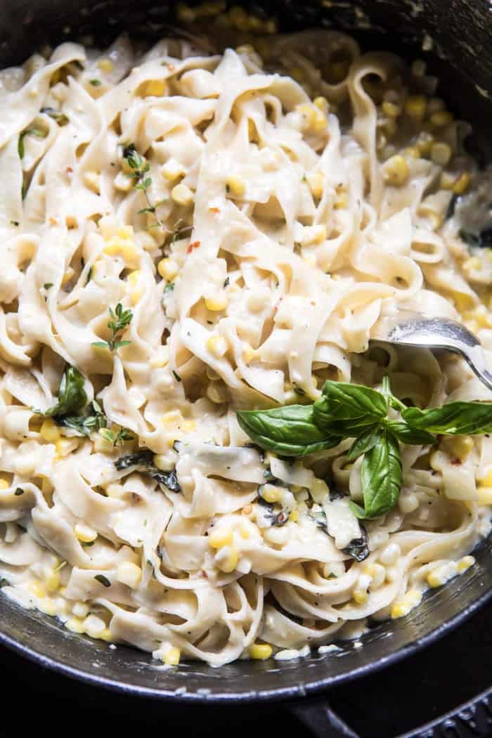 Creamed Corn Pasta with Fried Herbs | halfbakedharvest.com @hbharvest