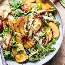 Peachy Chipotle Chicken Tortilla and Avocado Rice Salad with Pan Fried Halloumi | halfbakedharvest.com @hbharvest