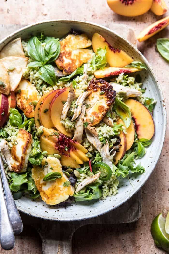 Peachy Chipotle Chicken Tortilla and Avocado Rice Salad with Pan Fried Halloumi | halfbakedharvest.com @hbharvest