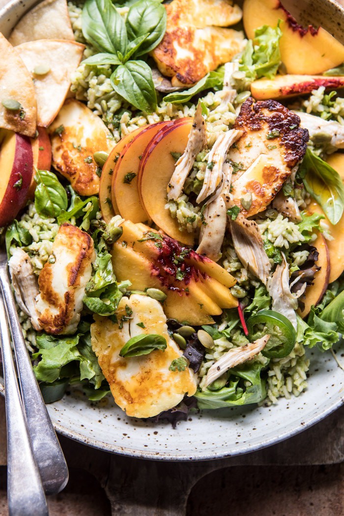 Peachy Chipotle Chicken Tortilla and Avocado Rice Salad with Pan Fried Halloumi | halfbakedharvest.com @hbharvest