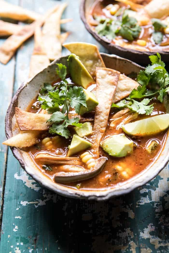 side angle photo of Poblano Corn Chicken Tortilla Soup