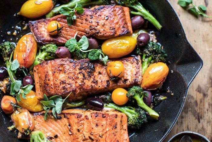 Sicilian Style Salmon with Garlic Broccoli and Tomatoes | halfbakedharvest.com @hbharvest