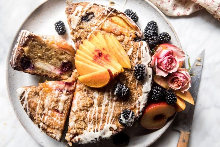 Vanilla Glazed Blackberry Peach Coffee Cake | halfbakedharvest.com @hbharvest