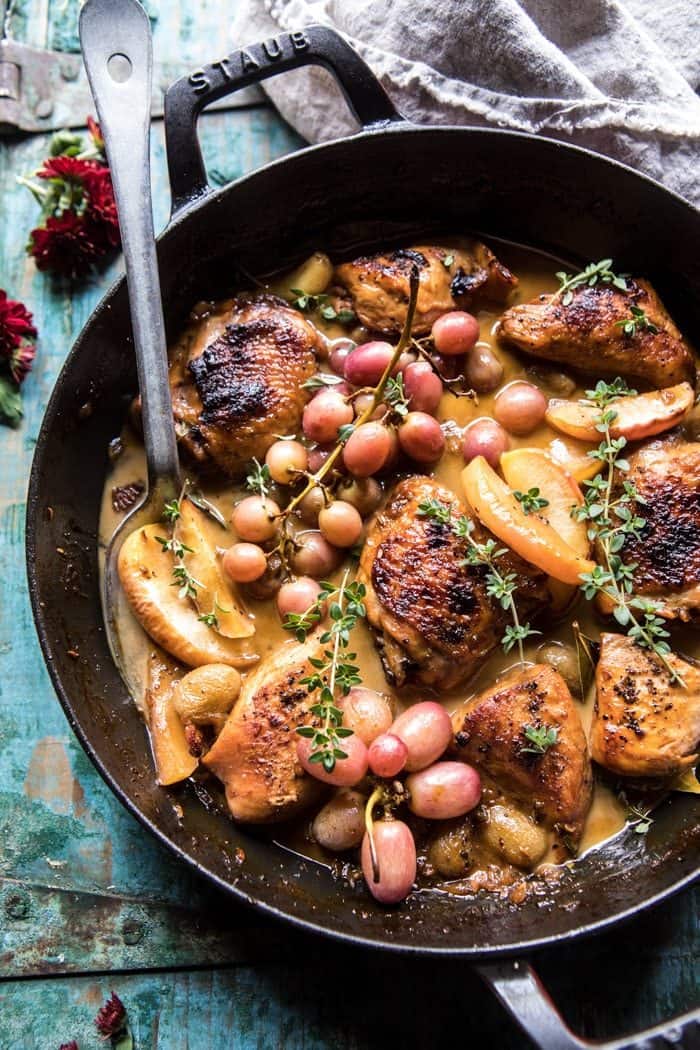 Autumn Braised Chicken Escabeฬche with Roasted Apples and Grapes | halfbakedharvest.com @hbharvest