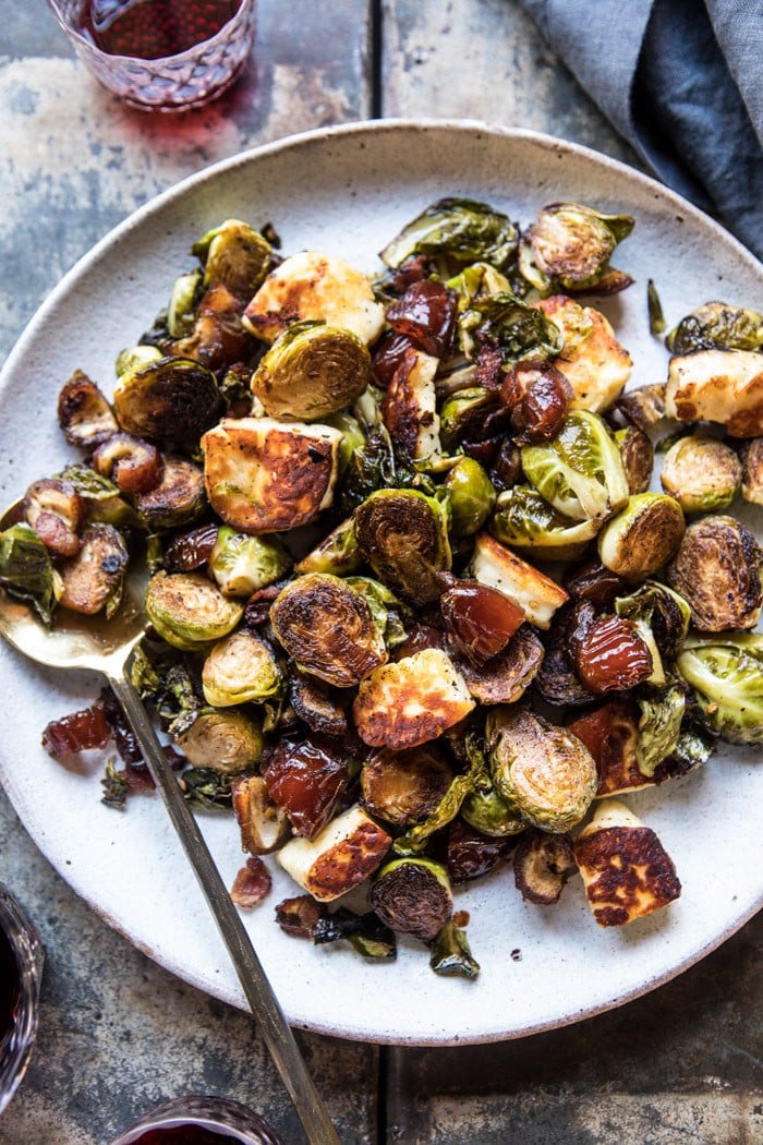Pan Roasted Brussels Sprouts with Bacon, Dates and Halloumi | halfbakedharvest.com @hbharvest
