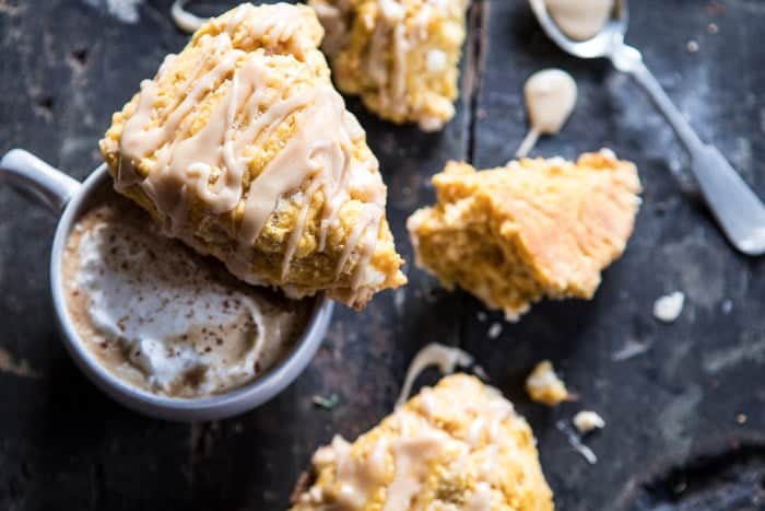 White Chocolate Pumpkin Scones with Espresso Glaze | halfbakedharvest.com @hbharvest