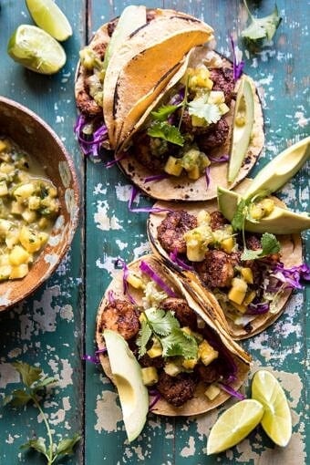 20 Minute Caribbean Shrimp Tacos with Roasted Jalapeño Pineapple Salsa | halfbakedharvest.com #tacos #shrimp #healthy #quick