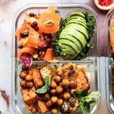 Meal Prep Moroccan Chickpea, Sweet Potato, and Cauliflower Bowls | halfbakedharvest.com #mealprep #vegan #indian #healthy #sheetpan