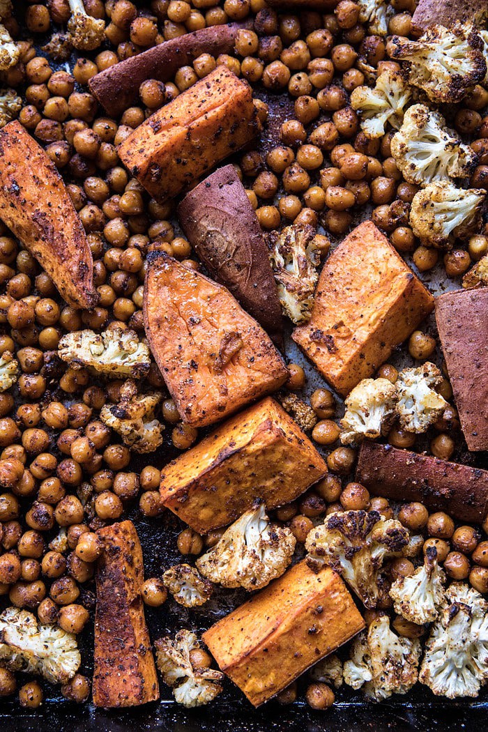 Meal Prep Moroccan Chickpea, Sweet Potato, and Cauliflower Bowls | halfbakedharvest.com #mealprep #vegan #indian #healthy #sheetpan