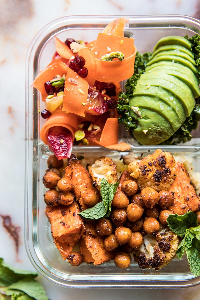 Meal Prep Moroccan Chickpea, Sweet Potato, and Cauliflower Bowls | halfbakedharvest.com #mealprep #vegan #indian #healthy #sheetpan