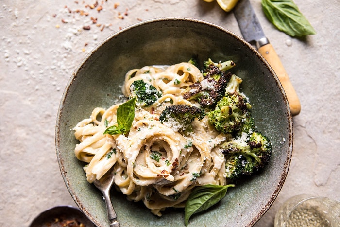No-Guilt Broccoli Fettuccine Alfredo | halfbakedharvest.com @hbharvest #healthy #pasta #Italian #hummus