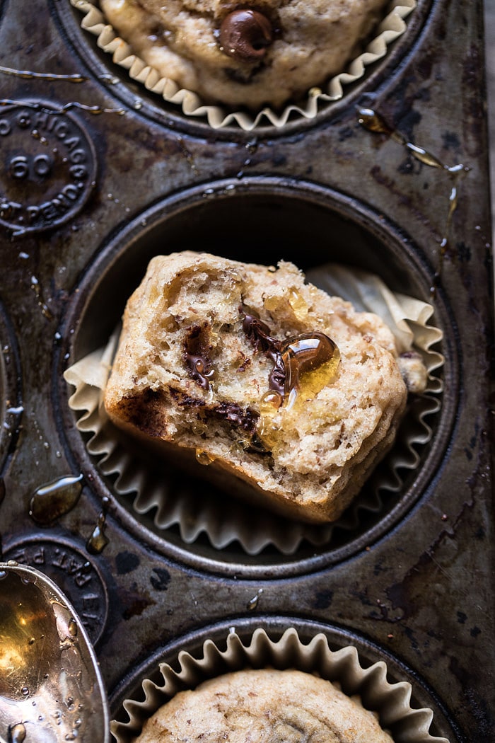 Vegan Whole Wheat Chocolate Chip Banana Bread Muffins | halfbakedharvest.com #vegan #chocolate #muffin #dessert 