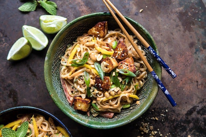 Better Than Takeout 20 Minute Peanut Noodles with Sesame Halloumi | halfbakedharvest.com #quick #easy #noodles #Thai #recipes