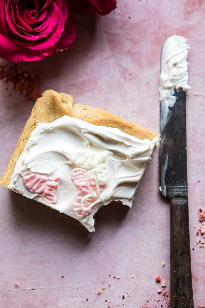 Browned Butter Sugar Cookie Bars with White Chocolate Frosting | halfbakedharvest.com #valentinesday #cookies #recipe #easy