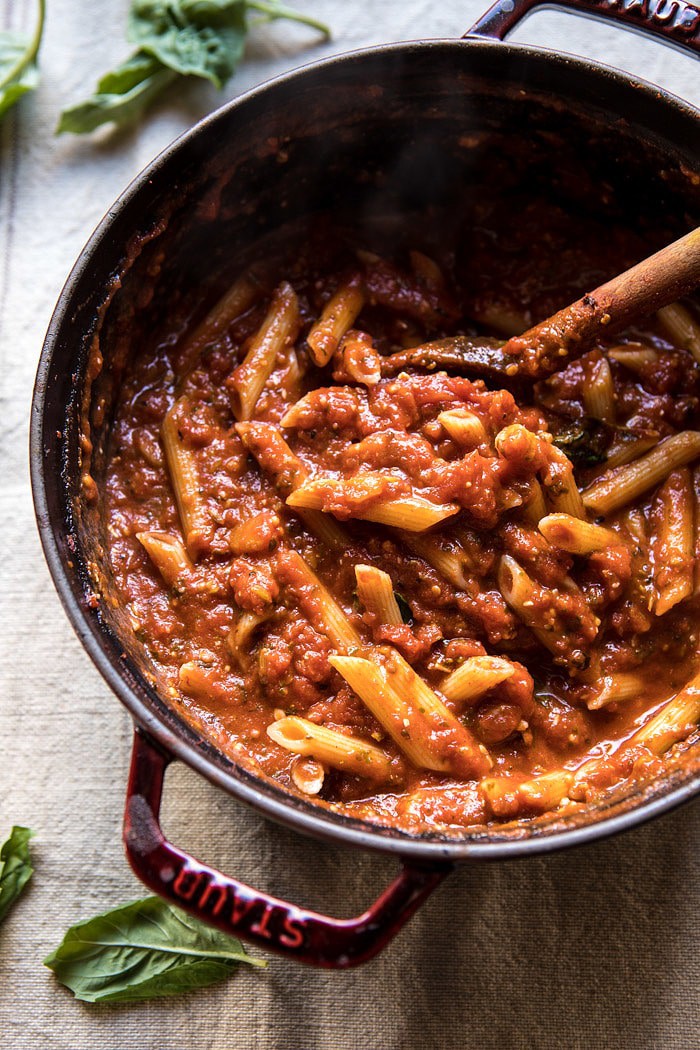 Easiest Tomato Basil Penne with Spicy Italian Chickpeas | halfbakedharvest.com #recipes #pasta #dinner #easy #quick