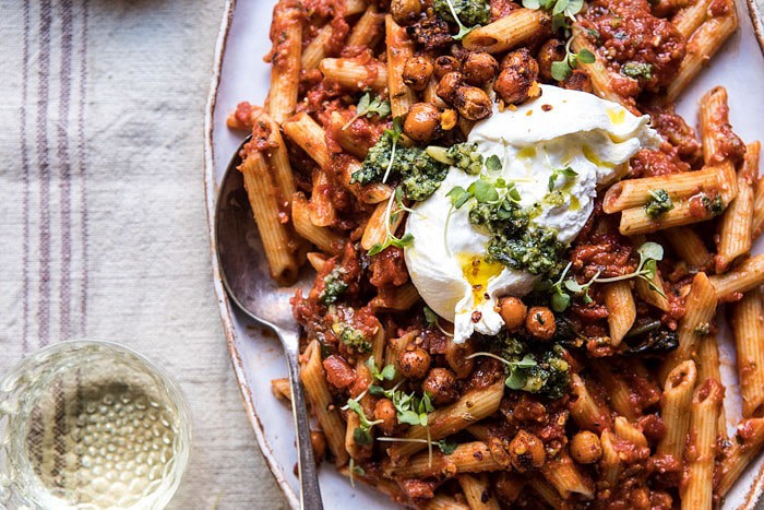 Easiest Tomato Basil Penne with Spicy Italian Chickpeas | halfbakedharvest.com #recipes #pasta #dinner #easy #quick