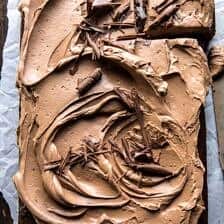 One Bowl Chocolate Sheet Cake with Milk Chocolate Fudge Frosting | halfbakedharvest.com #cake #chocolate #birthday #valentinesday