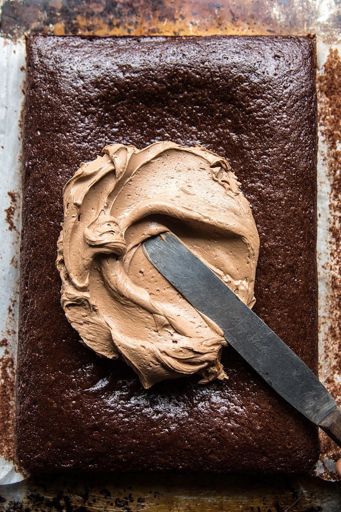 One Bowl Chocolate Sheet Cake with Milk Chocolate Fudge Frosting | halfbakedharvest.com #cake #chocolate #birthday #valentinesday