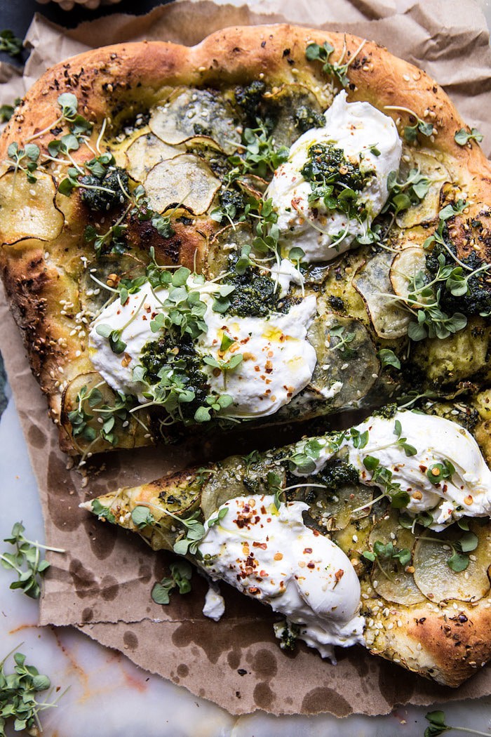 Pesto Potato and Burrata Pizza | halfbakedharvest.com #pizza #easy #recipes #spring