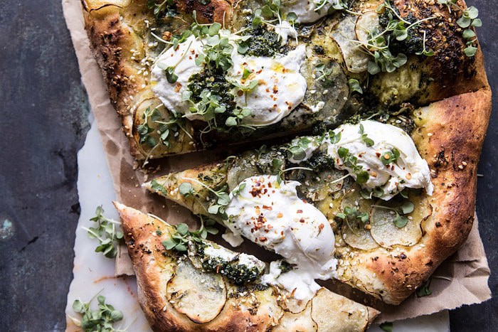 Pesto Potato and Burrata Pizza | halfbakedharvest.com #pizza #easy #recipes #spring