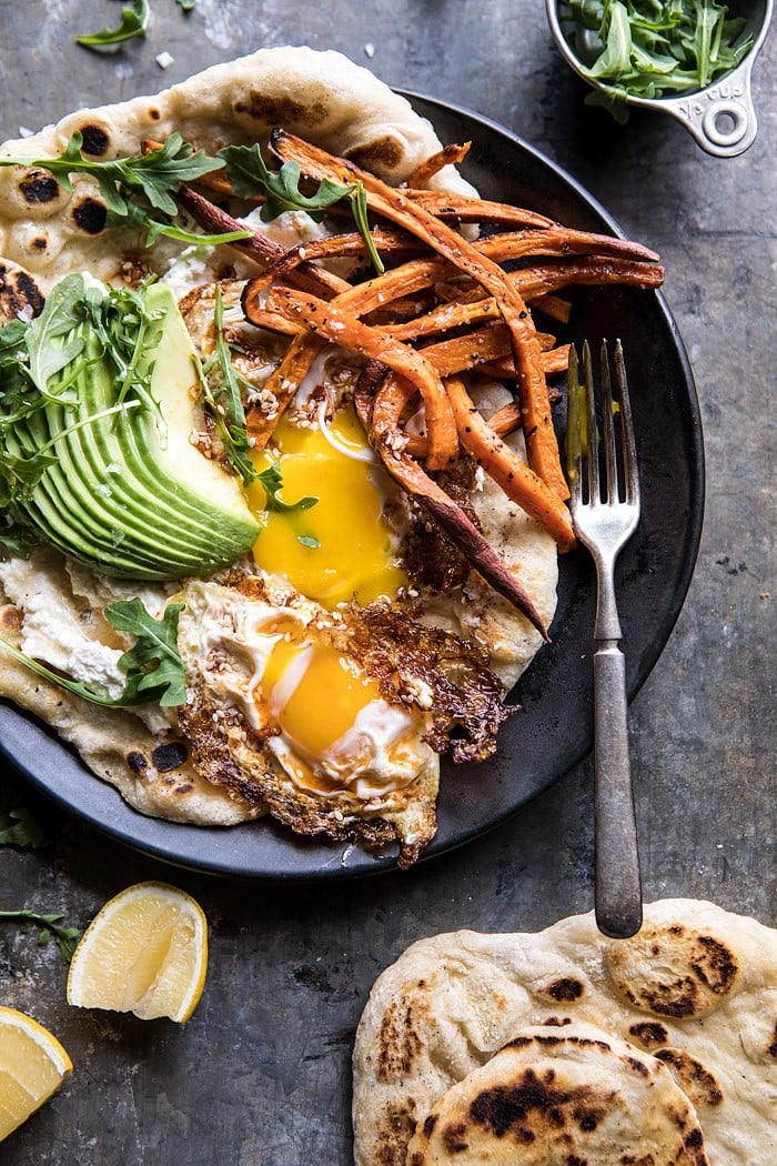 Ricotta Naan with Fried Egg and Sweet Potato Fries | halfbakedharvest.com #brunch #recipes #healthy