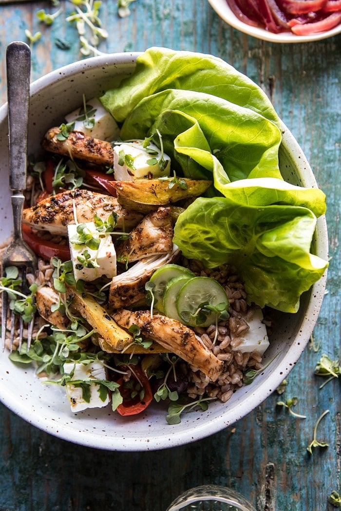 Roasted Greek Chicken and Farro Salad with Oven Fries #healthy #salad #Greek #chicken #easy
