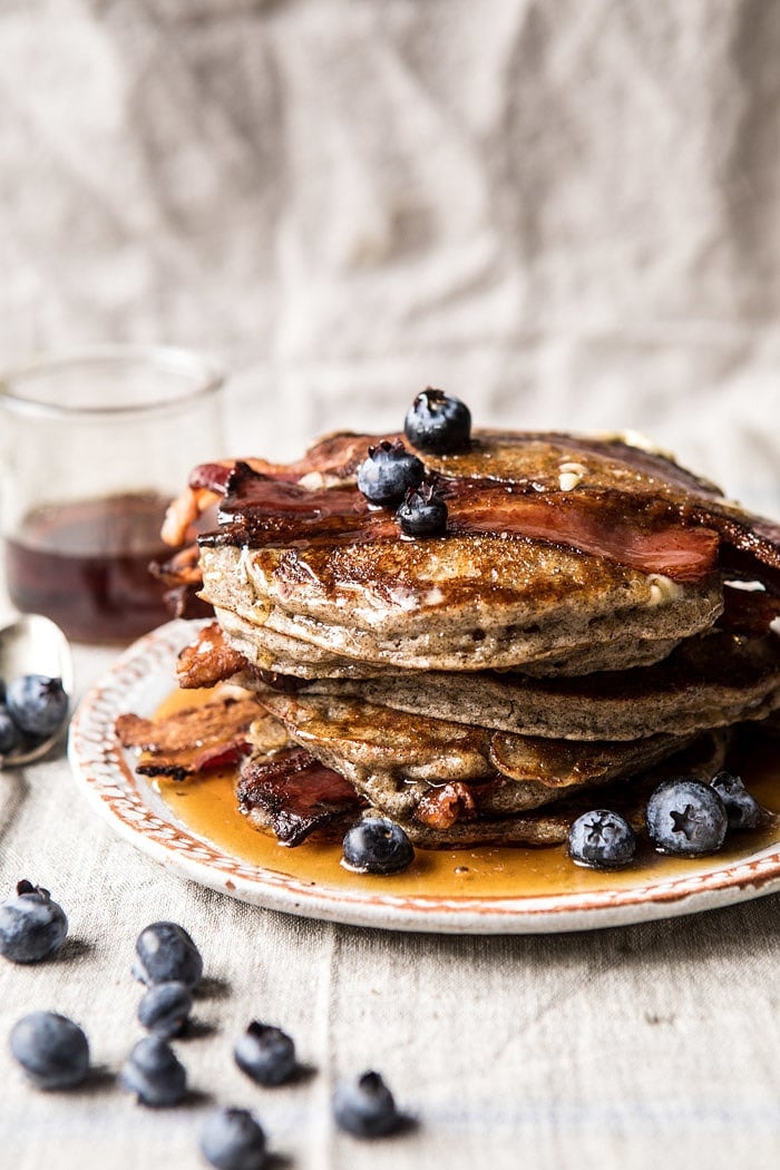 Rye Bacon Pancakes with Blueberries | halfbakedharvest.com #pancakes #brunch #bacon #recipes