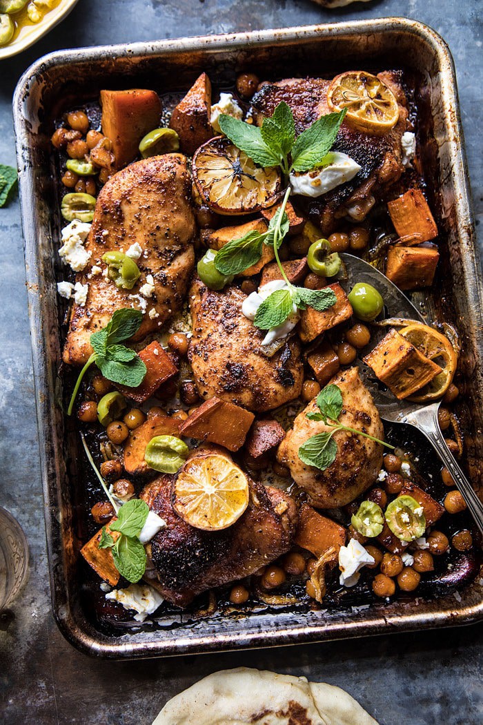 Sheet Pan Harissa Chicken with Chickpeas and Sweet Potatoes | halfbakedharvest.com #sheetpan #easy #dinner #chicken