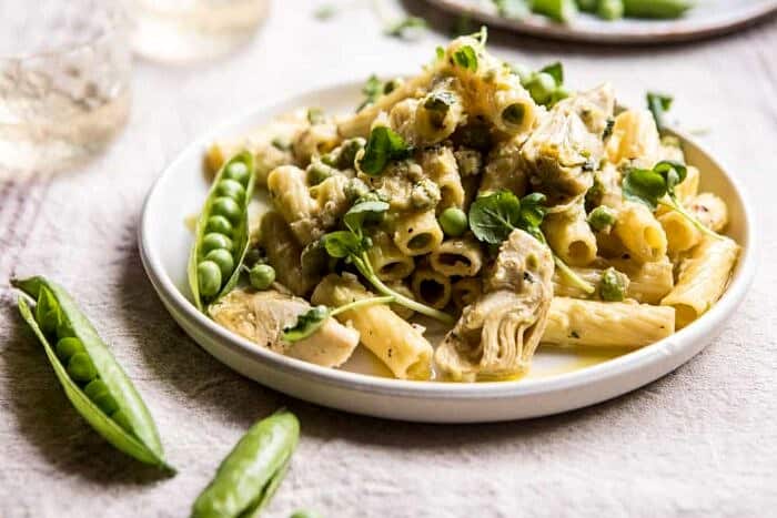 30 Minute Artichoke and Pea Rigatoni Pasta | halfbakedharvest.com #pasta #spring #artichokes #recipes