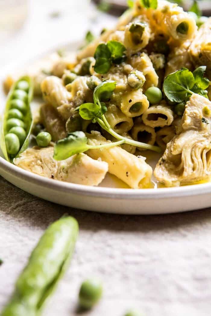 30 Minute Artichoke and Pea Rigatoni Pasta | halfbakedharvest.com #pasta #spring #artichokes #recipes