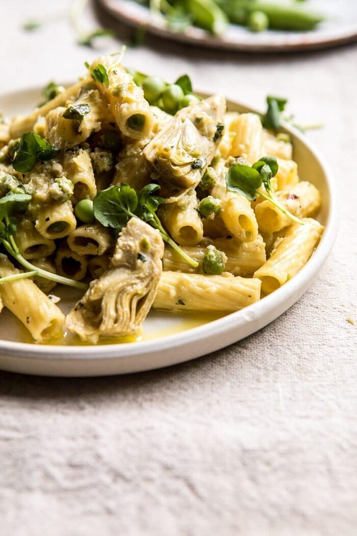 30 Minute Artichoke and Pea Rigatoni Pasta | halfbakedharvest.com #pasta #spring #artichokes #recipes