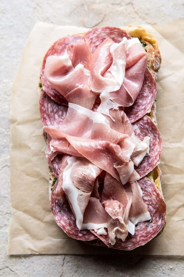 Antipasto Mozzarella Sandwich with Lemony Basil Pesto | halfbakedharvest.com #sandwich #italian #spring #summer #recipes