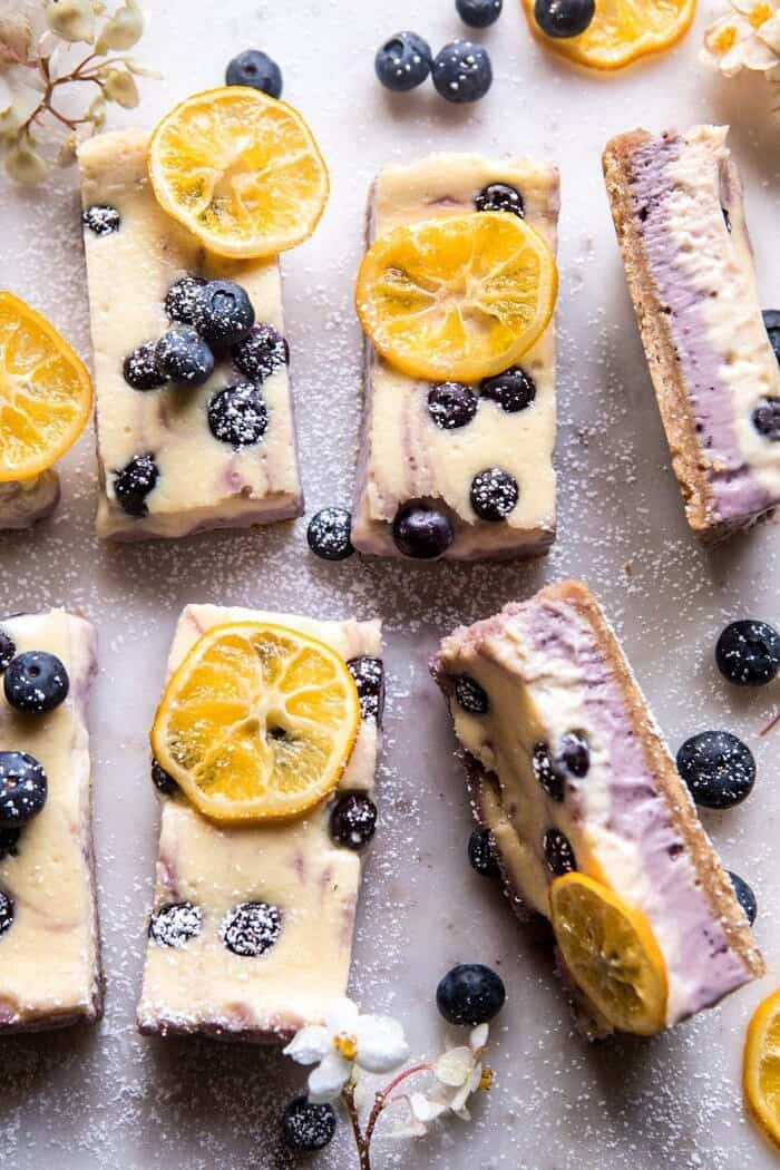 Blueberry Lemon Cheesecake Bars with Candied Lemon | halfbakedharvest.com #spring #easter #cheesecake #dessert