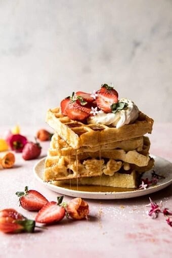 Overnight Waffles with Whipped Meyer Lemon Cream and Strawberries | halfbakedharvest.com #brunch #breakfast #waffles #east #mothersday