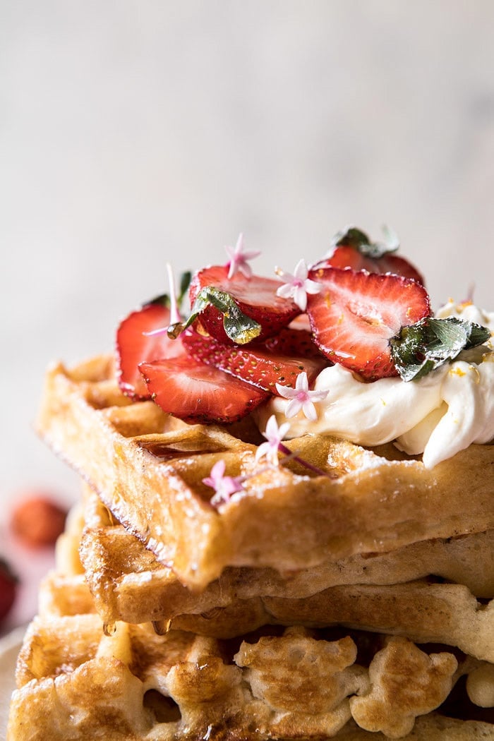 Overnight Waffles with Whipped Meyer Lemon Cream and Strawberries | halfbakedharvest.com #brunch #breakfast #waffles #east #mothersday